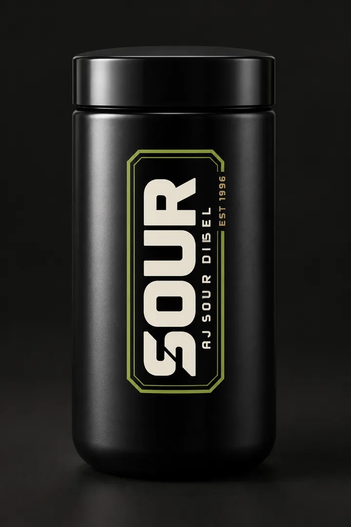 SOUR black jar with the plate label: SOUR, AJ Sour Diesel, Est 1996. Concept render.